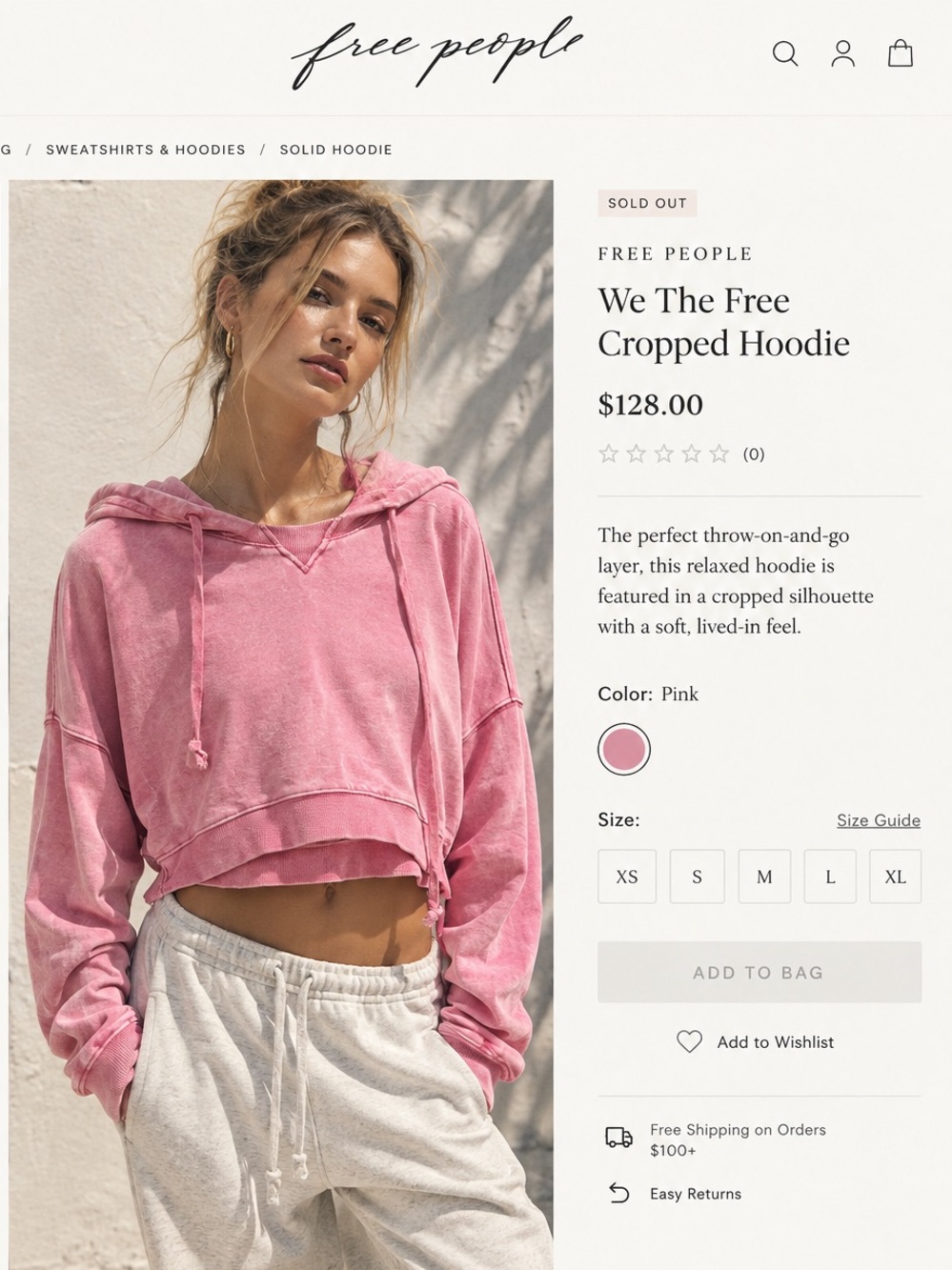 Free People Pink Cropped Drawstring Hoodie